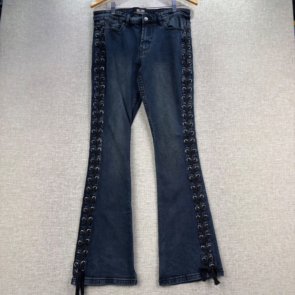 Kill City Rocker Lace Up Flare Jeans Dark Wash Womens 32